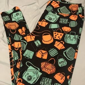 LuluRoe Purses leggings! Orange & teal on black.